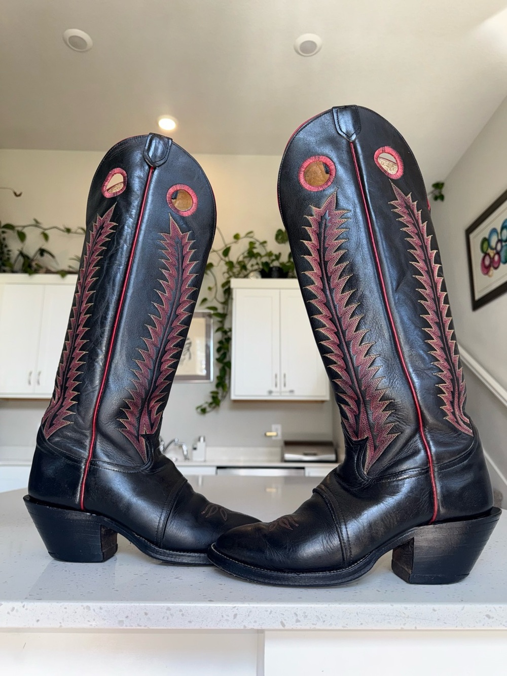 Vintage Tony Lama Black Leather Western Boots with Red Accents